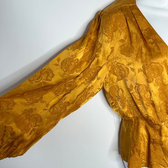 RONNY KOBO Top Womens Large Silk Satin Mustard Yellow Gold Floral Holiday Office - Picture 3 of 12